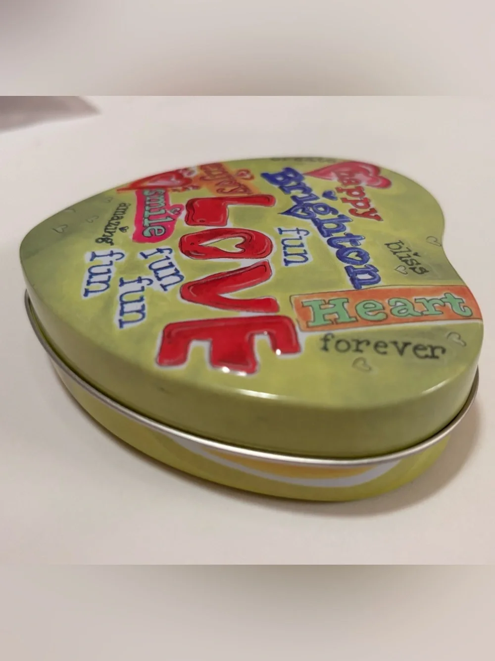 BRIGHTON Heart Shaped Metal Jewelry Tin - Green with Pink LOVE Word Art Design